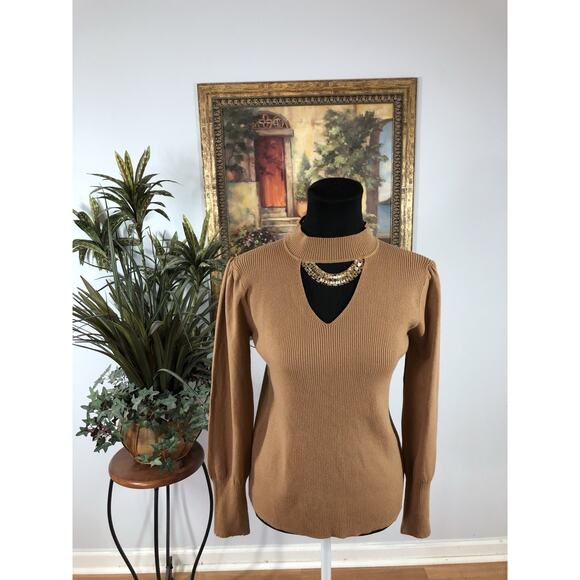 AZ Women’s Tan Cutout Sweater Long Sleeve Ribbed Knit Viscose Blend Small Preppy - Picture 1 of 9